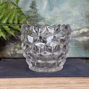 Vintage Clear Pressed Glass Dish Honeycomb Geometric Pattern Scalloped Edge 4.5"